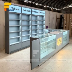Custom Gray Storage Glass Showcase with Back Shelves