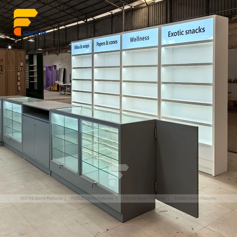 Custom Gray Storage Glass Showcase with Back Shelves