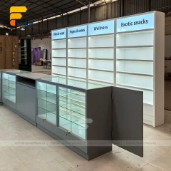 Custom Gray Storage Glass Showcase with Back Shelves