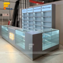 Custom Gray Storage Glass Showcase with Back Shelves
