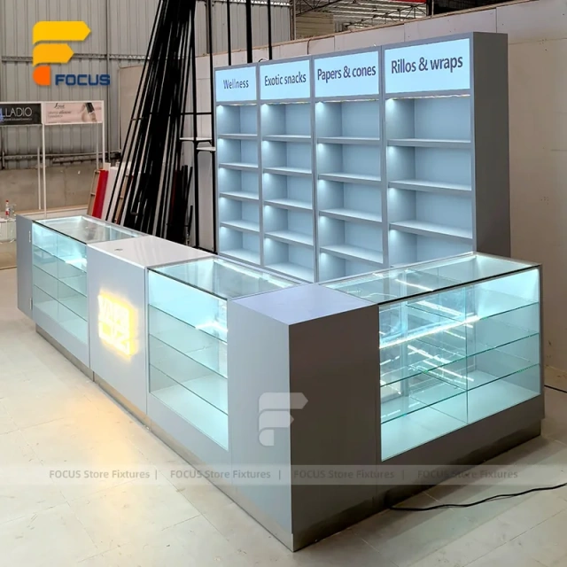 Custom Gray Storage Glass Showcase with Back Shelves
