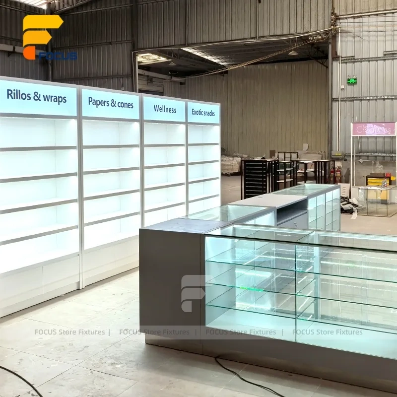 Custom Gray Storage Glass Showcase with Back Shelves