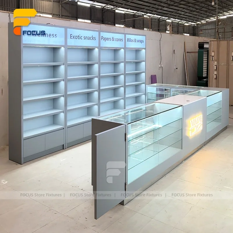 Custom Gray Storage Glass Showcase with Back Shelves