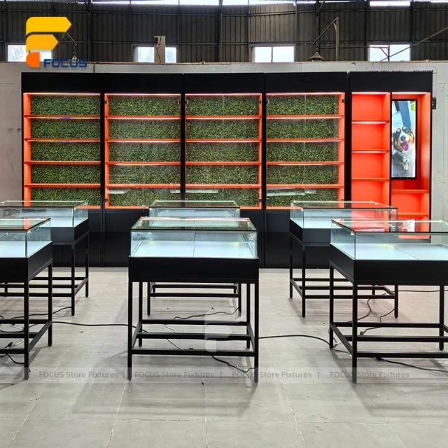 Custom Linear Service Counter with Backlit Display Cabinet