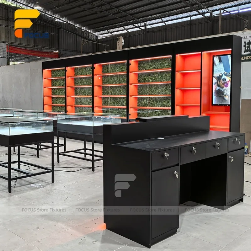 Custom Linear Service Counter with Backlit Display Cabinet