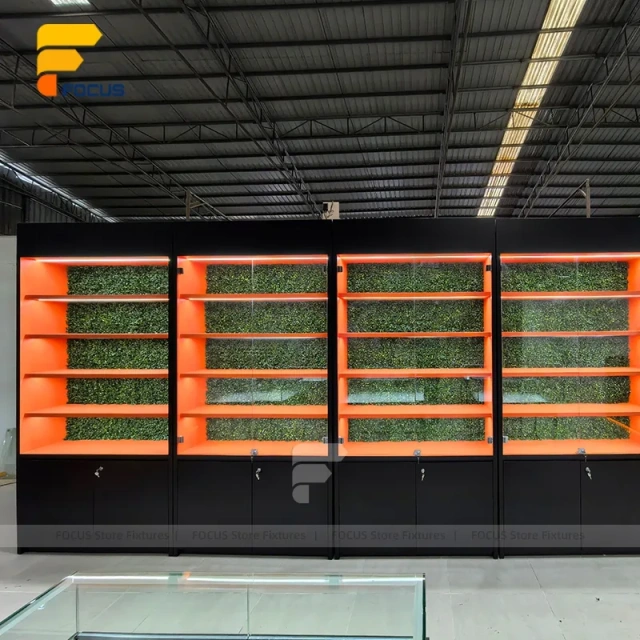 Custom Linear Service Counter with Backlit Display Cabinet