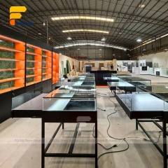 Custom Linear Service Counter with Backlit Display Cabinet