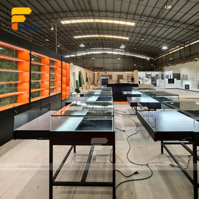 Custom Linear Service Counter with Backlit Display Cabinet