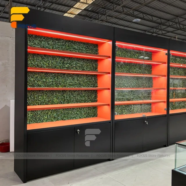 Custom Linear Service Counter with Backlit Display Cabinet
