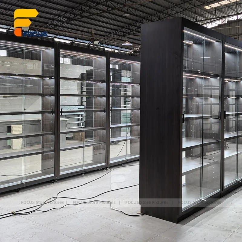 Custom Matte Black Walk In Glass Display Cabinet Layout