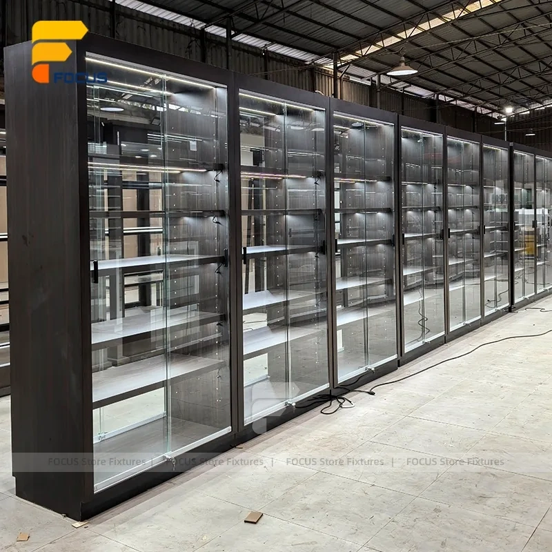 Custom Matte Black Walk In Glass Display Cabinet Layout