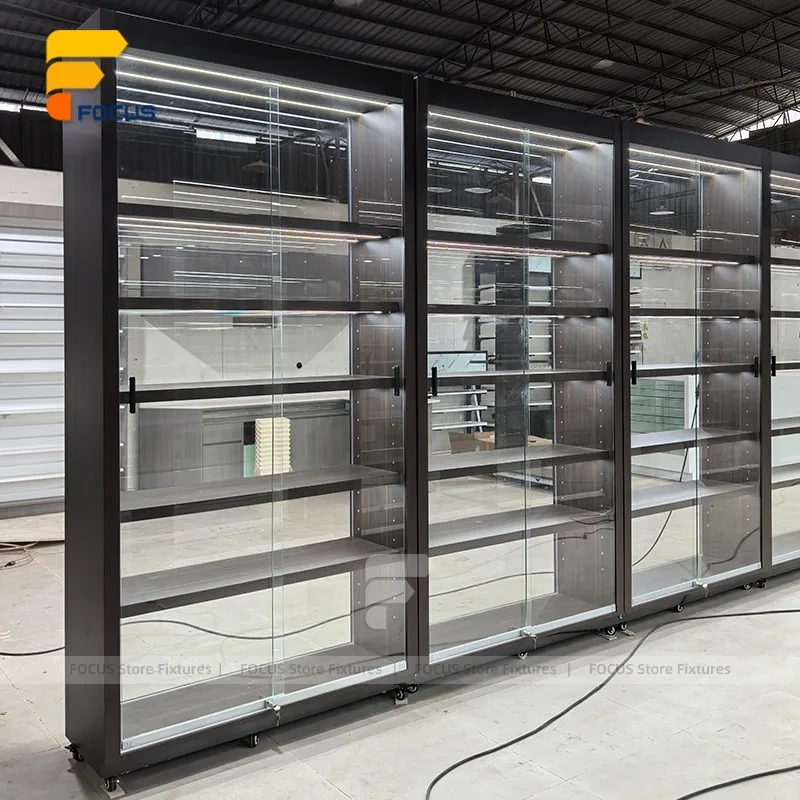 Custom Matte Black Walk In Glass Display Cabinet Layout