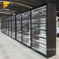 Custom Matte Black Walk In Glass Display Cabinet Layout