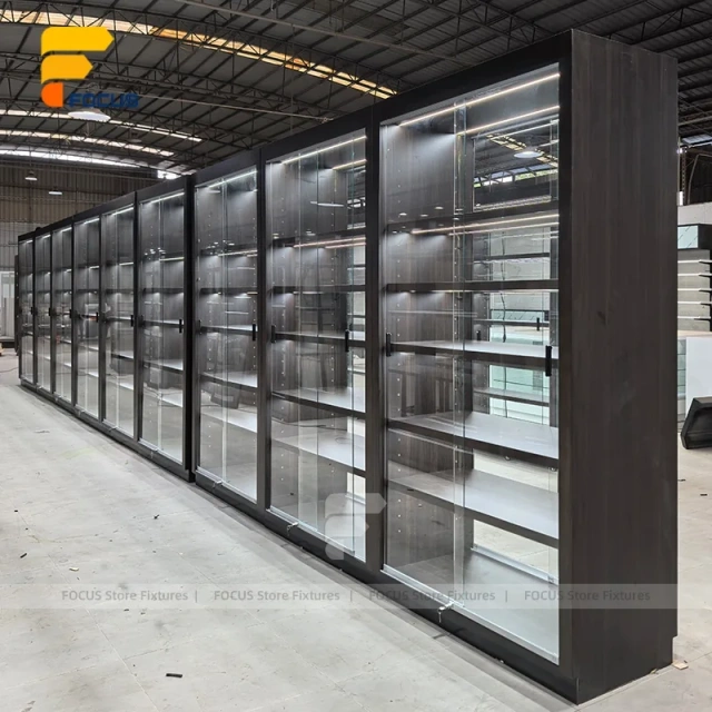 Custom Matte Black Walk In Glass Display Cabinet Layout