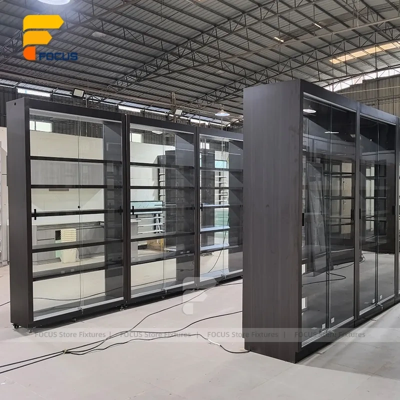 Custom Matte Black Walk In Glass Display Cabinet Layout