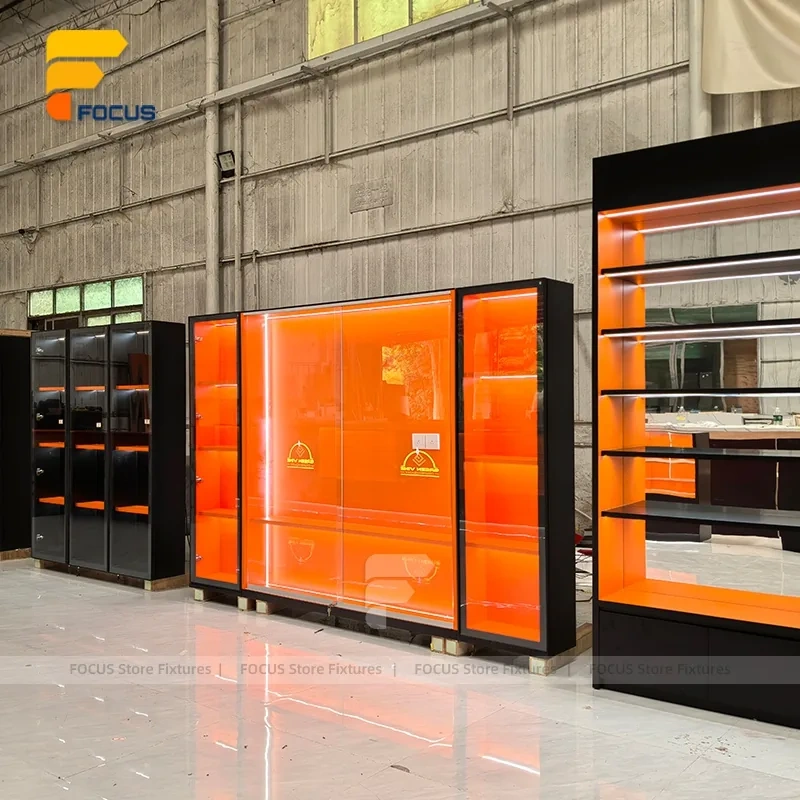 Custom Orange Accent Wall Display Cabinet System