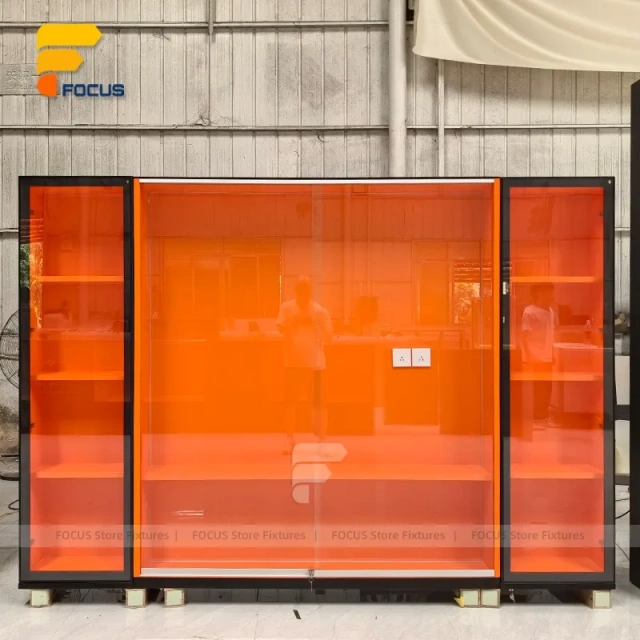Custom Orange Accent Wall Display Cabinet System