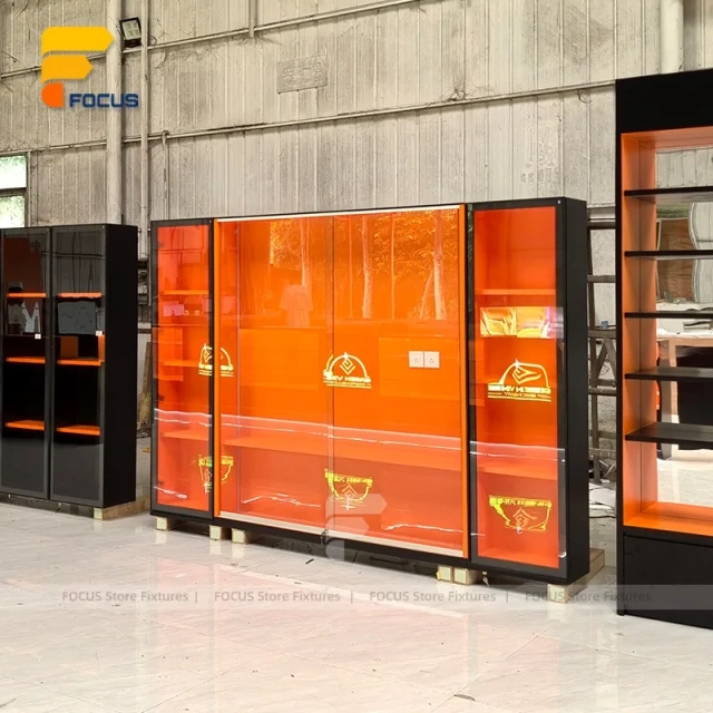 Custom Orange Accent Wall Display Cabinet System