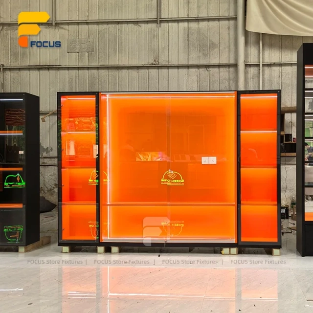Custom Orange Accent Wall Display Cabinet System