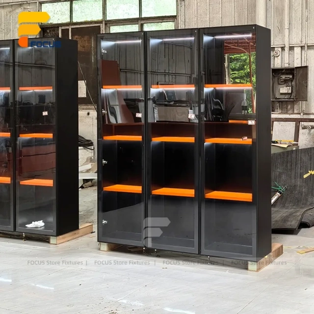 Custom Orange Accent Wall Display Cabinet System