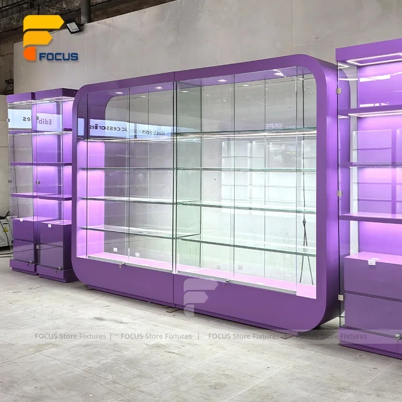 Custom Purple Framed Curved Glass Display Cabinet