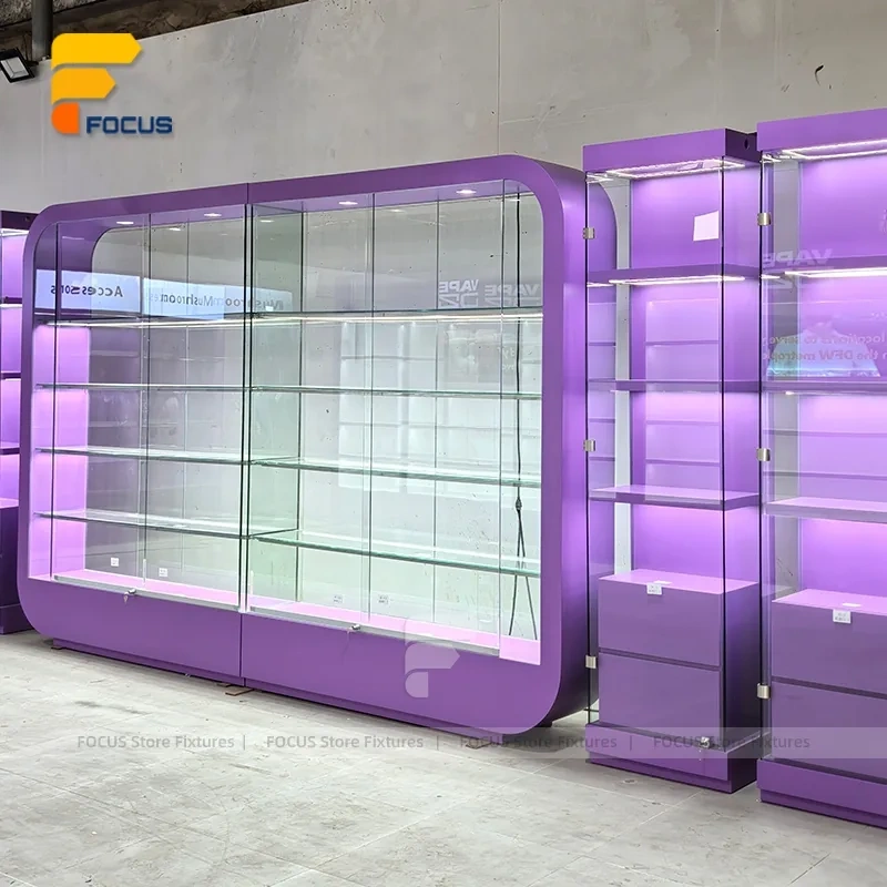 Custom Purple Framed Curved Glass Display Cabinet