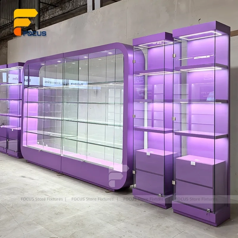 Custom Purple Framed Curved Glass Display Cabinet