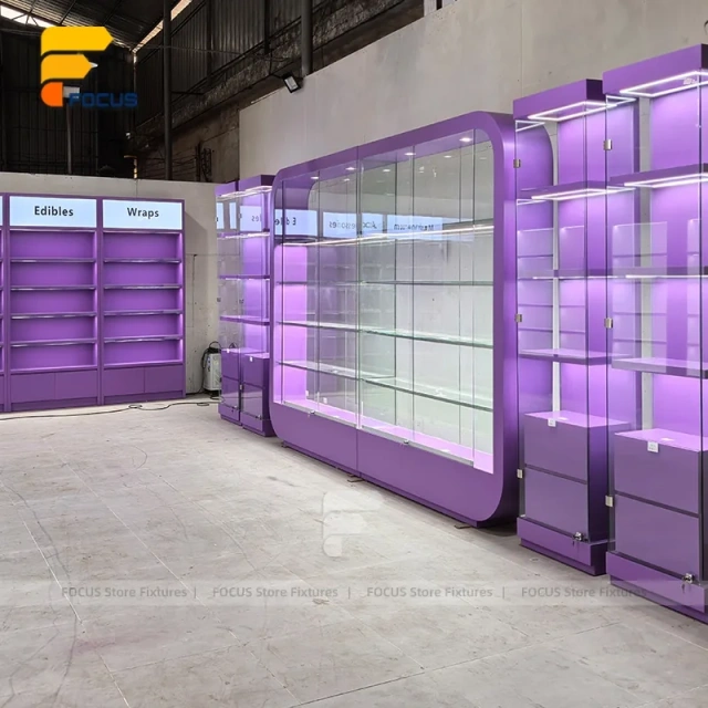 Custom Purple Framed Curved Glass Display Cabinet