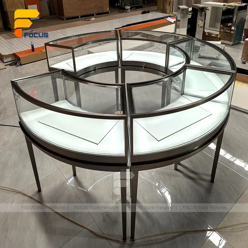 Custom Round Black Frame Glass Showcase Counter