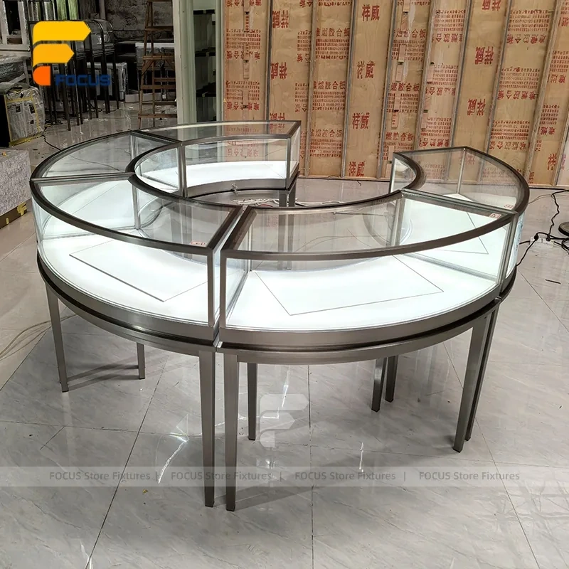 Custom Round Black Frame Glass Showcase Counter