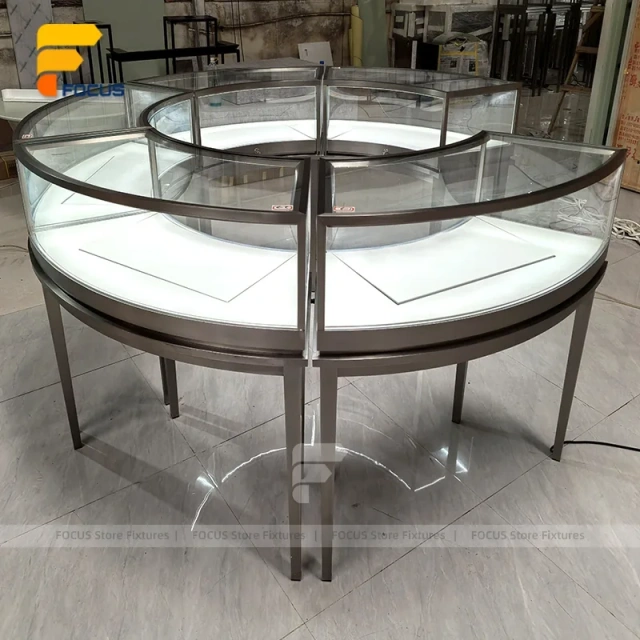 Custom Round Black Frame Glass Showcase Counter