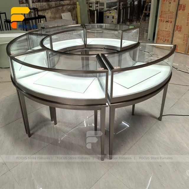 Custom Round Black Frame Glass Showcase Counter