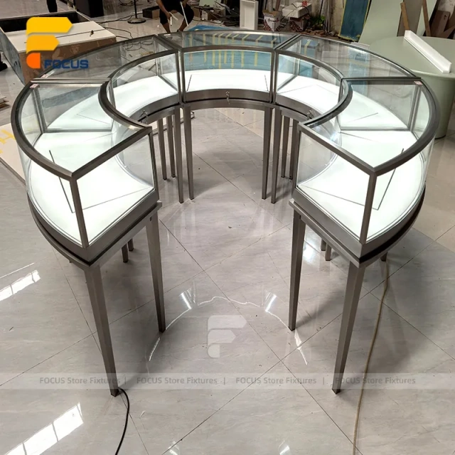 Custom Round Black Frame Glass Showcase Counter