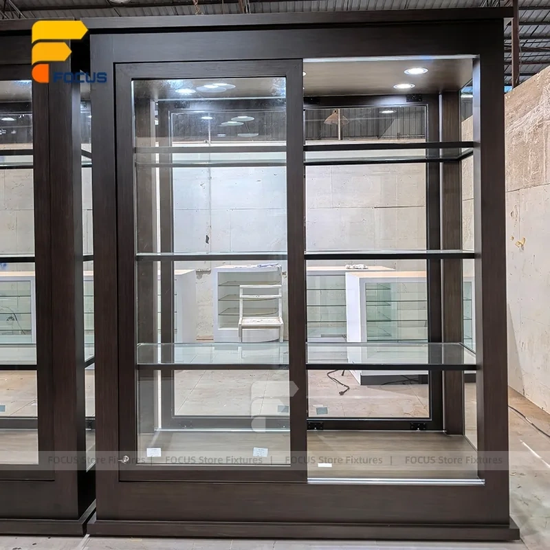 Custom Slim Tower Glass Display Cabinet with Black Frame