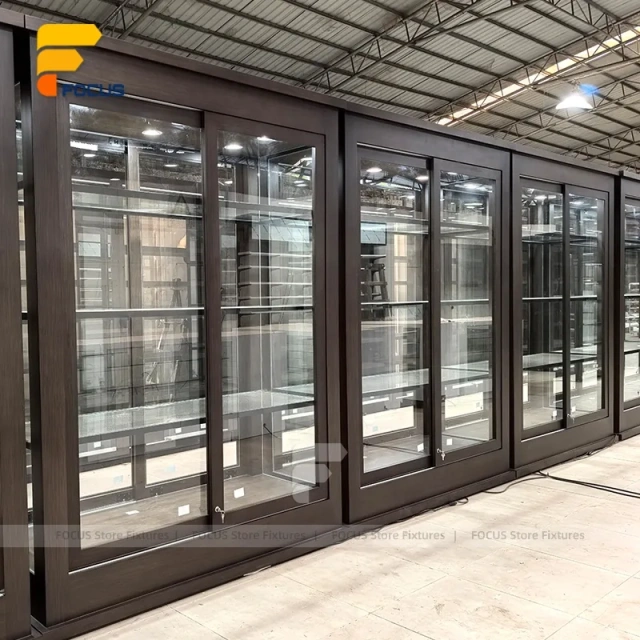 Custom Slim Tower Glass Display Cabinet with Black Frame