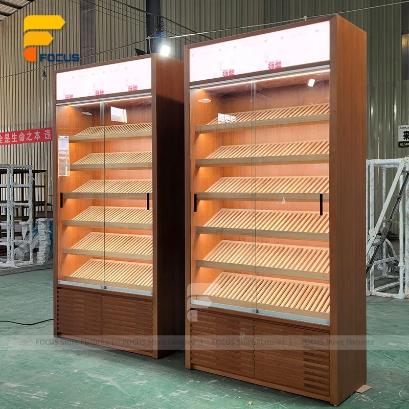 Custom Walnut Finish Wall Display Cabinet with Storage