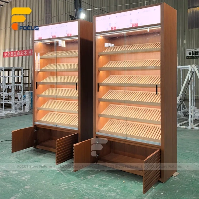 Custom Walnut Finish Wall Display Cabinet with Storage