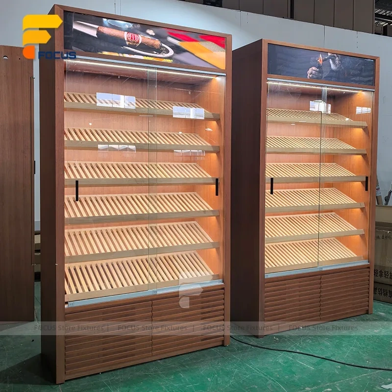 Custom Walnut Finish Wall Display Cabinet with Storage