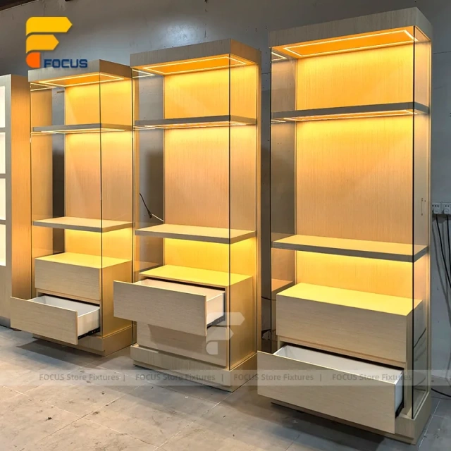 Custom Warm LED Arch Glass Display Cabinet Wall Unit