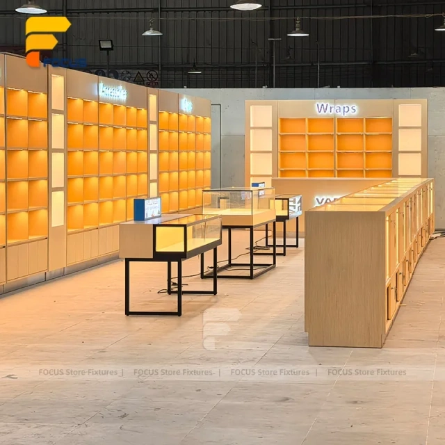 Custom Warm LED Arch Glass Display Cabinet Wall Unit
