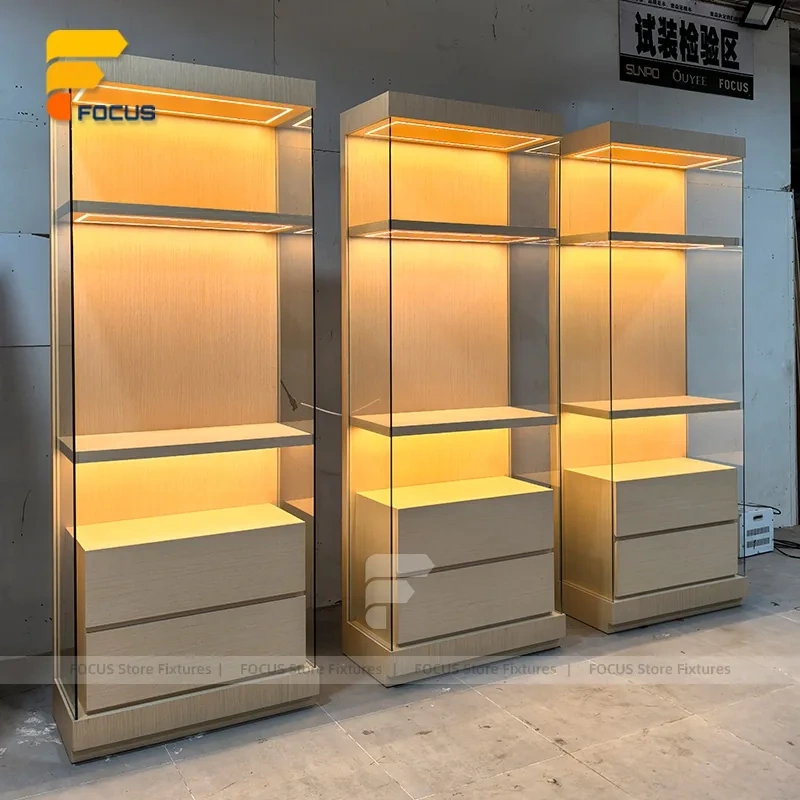 Custom Warm LED Arch Glass Display Cabinet Wall Unit