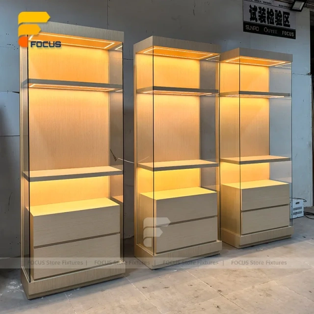 Custom Warm LED Arch Glass Display Cabinet Wall Unit