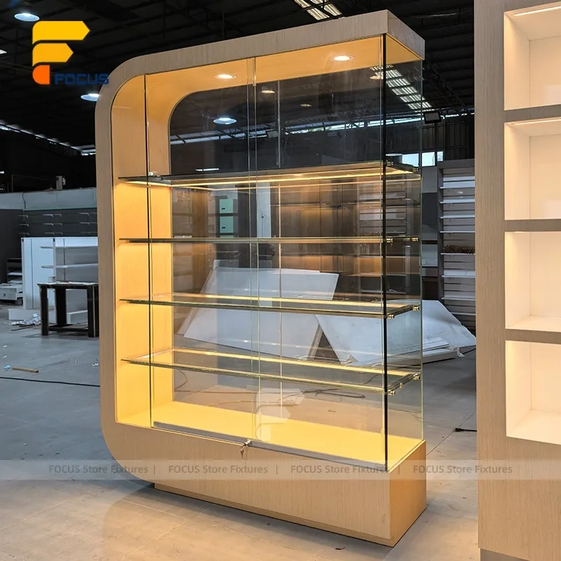 Custom Warm LED Arch Glass Display Cabinet Wall Unit