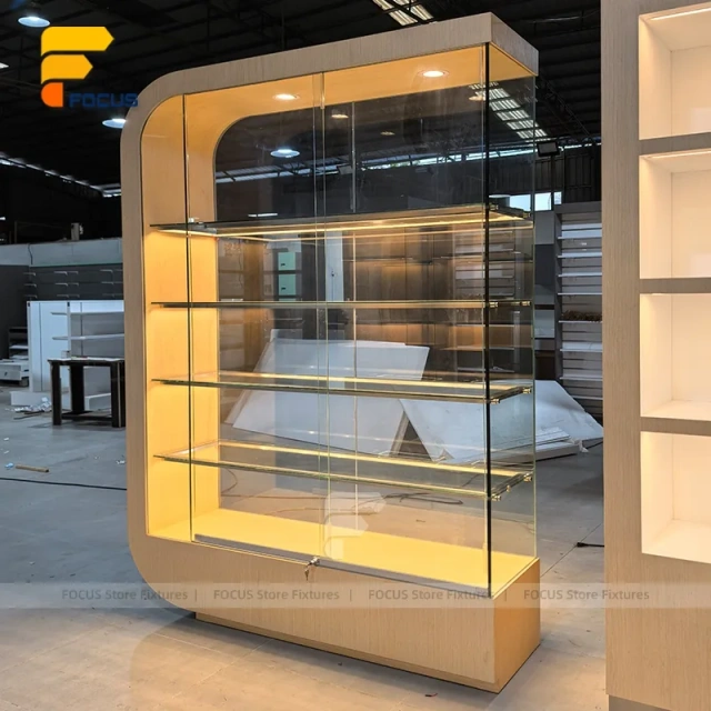 Custom Warm LED Arch Glass Display Cabinet Wall Unit