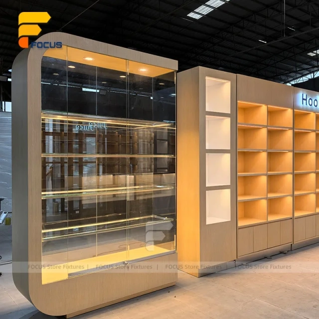 Custom Warm LED Arch Glass Display Cabinet Wall Unit