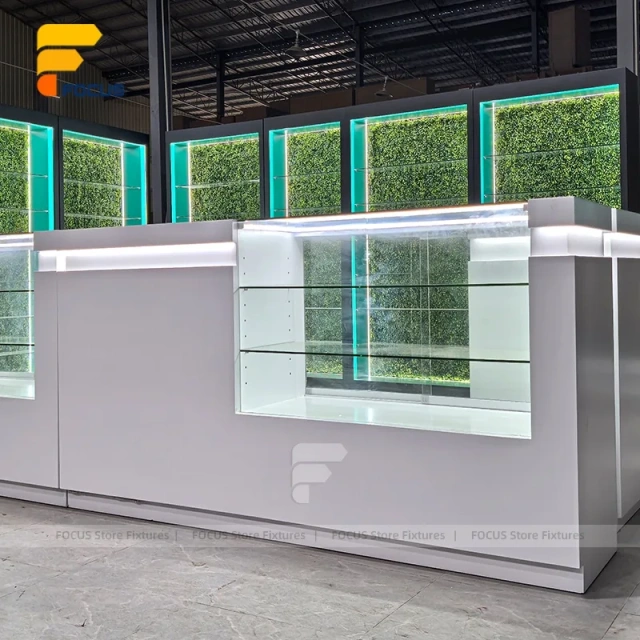 Custom White Kiosk Glass Display Cabinet with Green Lighting