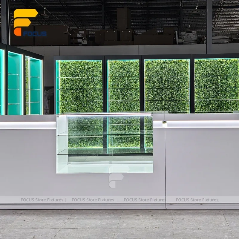 Custom White Kiosk Glass Display Cabinet with Green Lighting