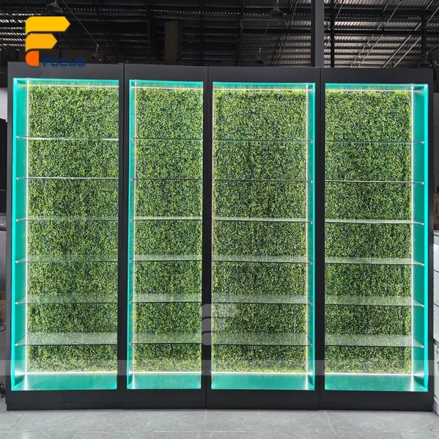 Custom White Kiosk Glass Display Cabinet with Green Lighting