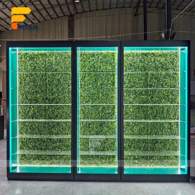Custom White Kiosk Glass Display Cabinet with Green Lighting
