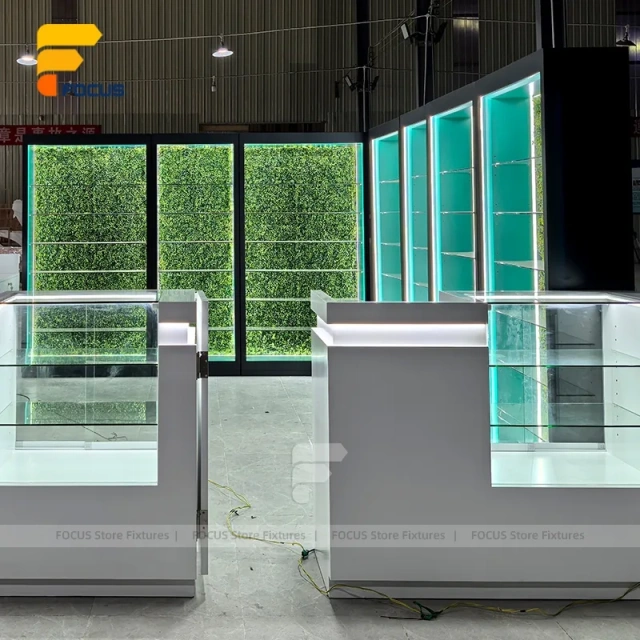 Custom White Kiosk Glass Display Cabinet with Green Lighting
